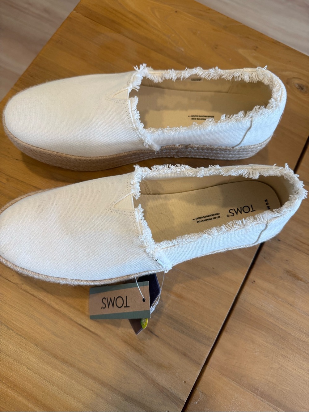 TOMS White Frayed Canvas Espadrille Platform Slip-Ons